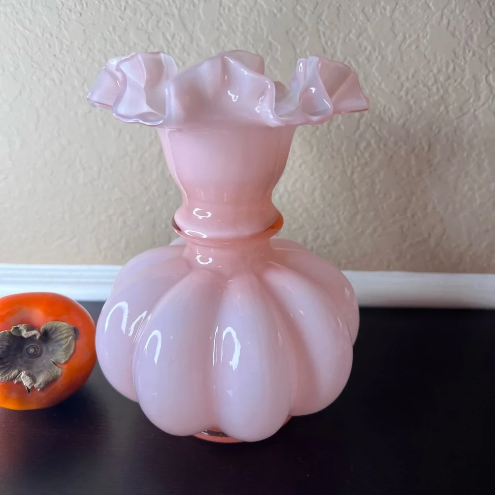 Vintage Fenton Art Glass 8” Dusty Rose Pink Overlay Melon Vase w Double Crimped